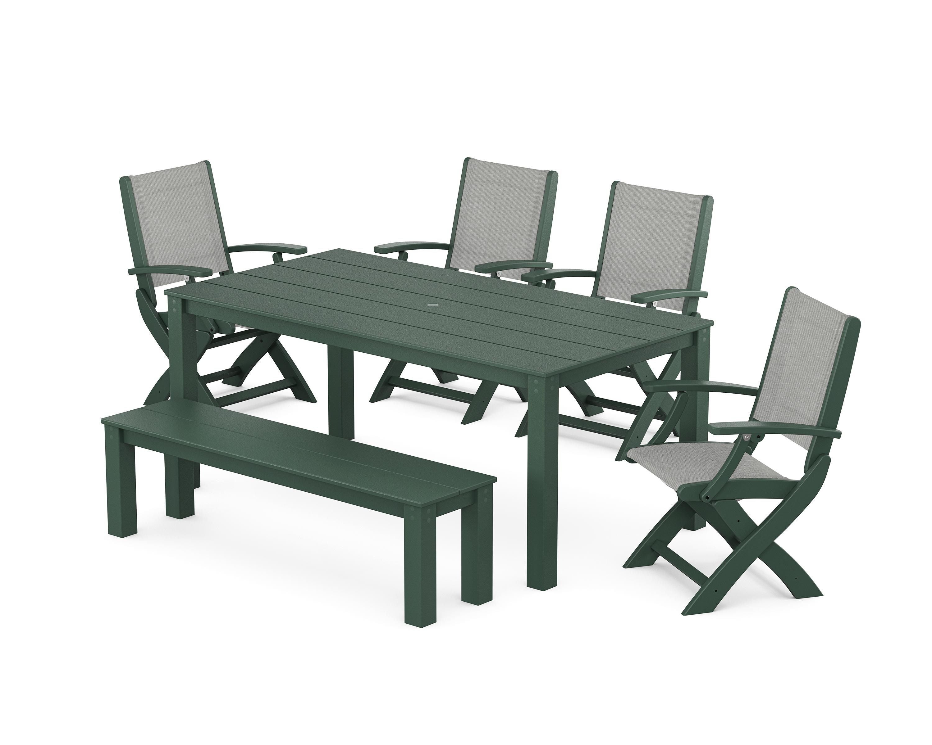 POLYWOOD® Coastal Folding Chair 6-Piece Parsons Dining Set with Bench in Green / Metallic Sling