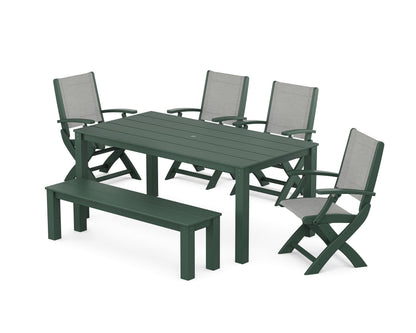 POLYWOOD® Coastal Folding Chair 6-Piece Parsons Dining Set with Bench in Green / Metallic Sling