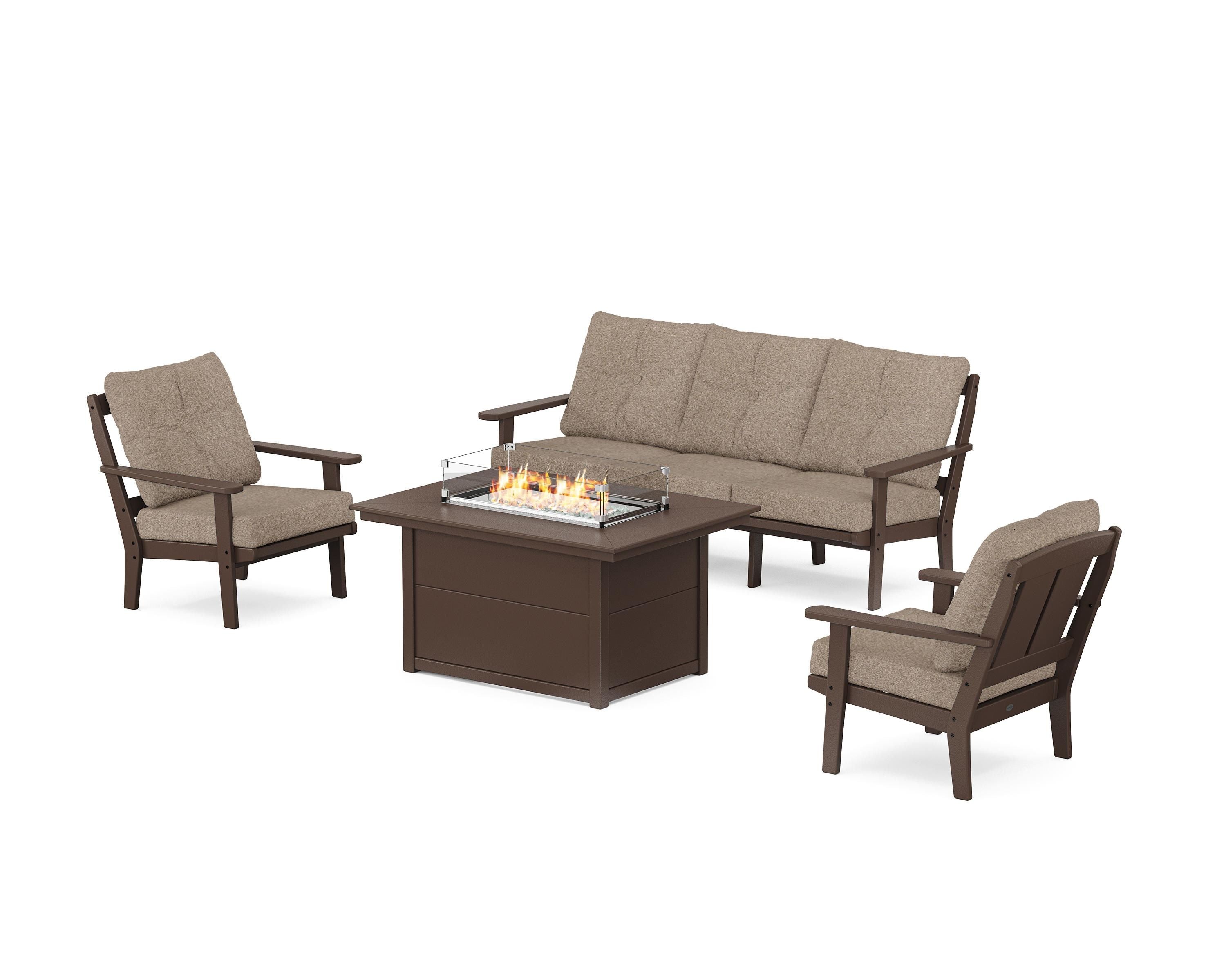 POLYWOOD® Mission Deep Seating Fire Pit Table Set in Mahogany / Spiced Burlap