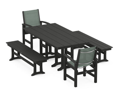 POLYWOOD® Coastal 5-Piece Farmhouse Dining Set in Black / Dupioni Sea Mist Sling