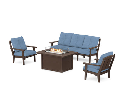 POLYWOOD® Mission Deep Seating Fire Pit Table Set in Mahogany / Sky Blue