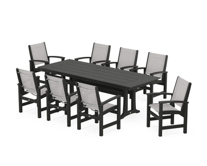 POLYWOOD® Coastal 9-Piece Farmhouse Dining Set with Trestle Legs in Black / Parchment Sling