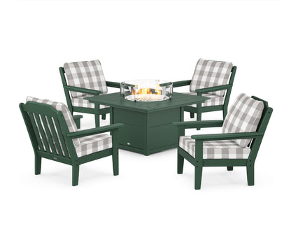Country Living Cottage 5-Piece Deep Seating Set with Fire Pit Table in Green / Buffalo Plaid Grey Mist