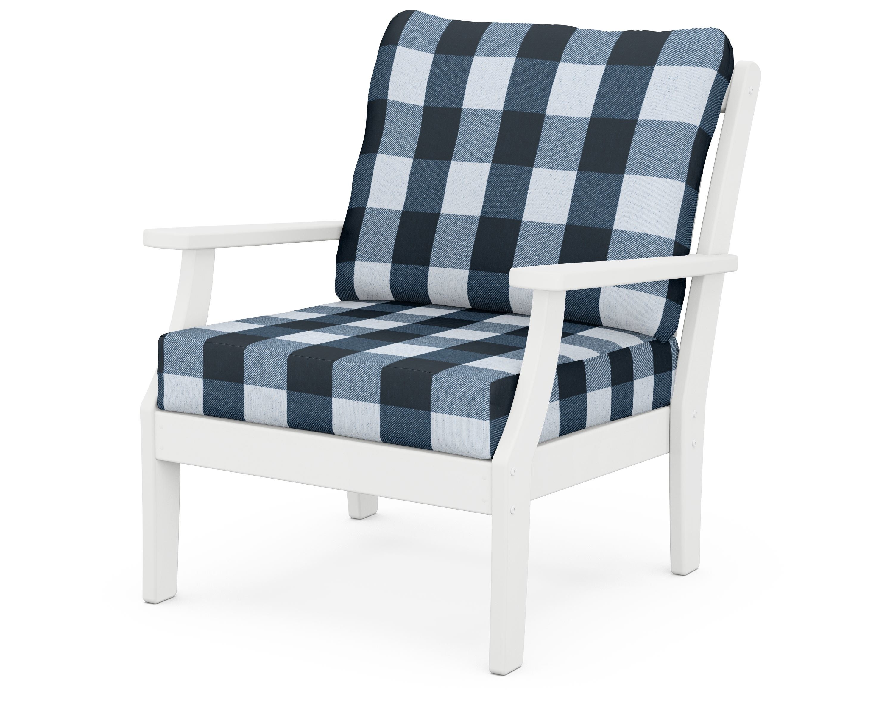 POLYWOOD® Braxton Deep Seating Chair in White / Buffalo Plaid Marine Indigo