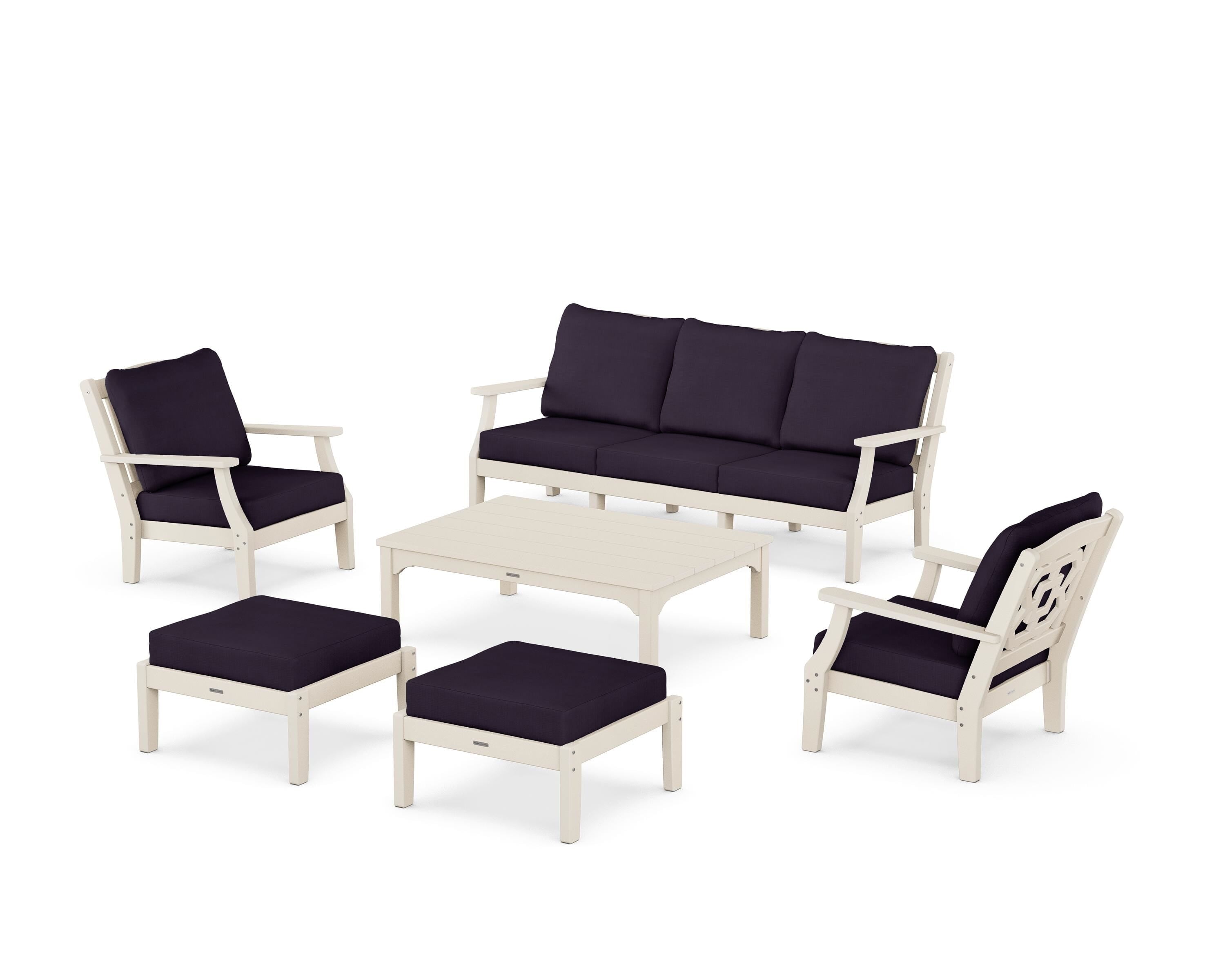 Martha Stewart by POLYWOOD® Chinoiserie 6-Piece Lounge Sofa Set in Sand / Navy Linen