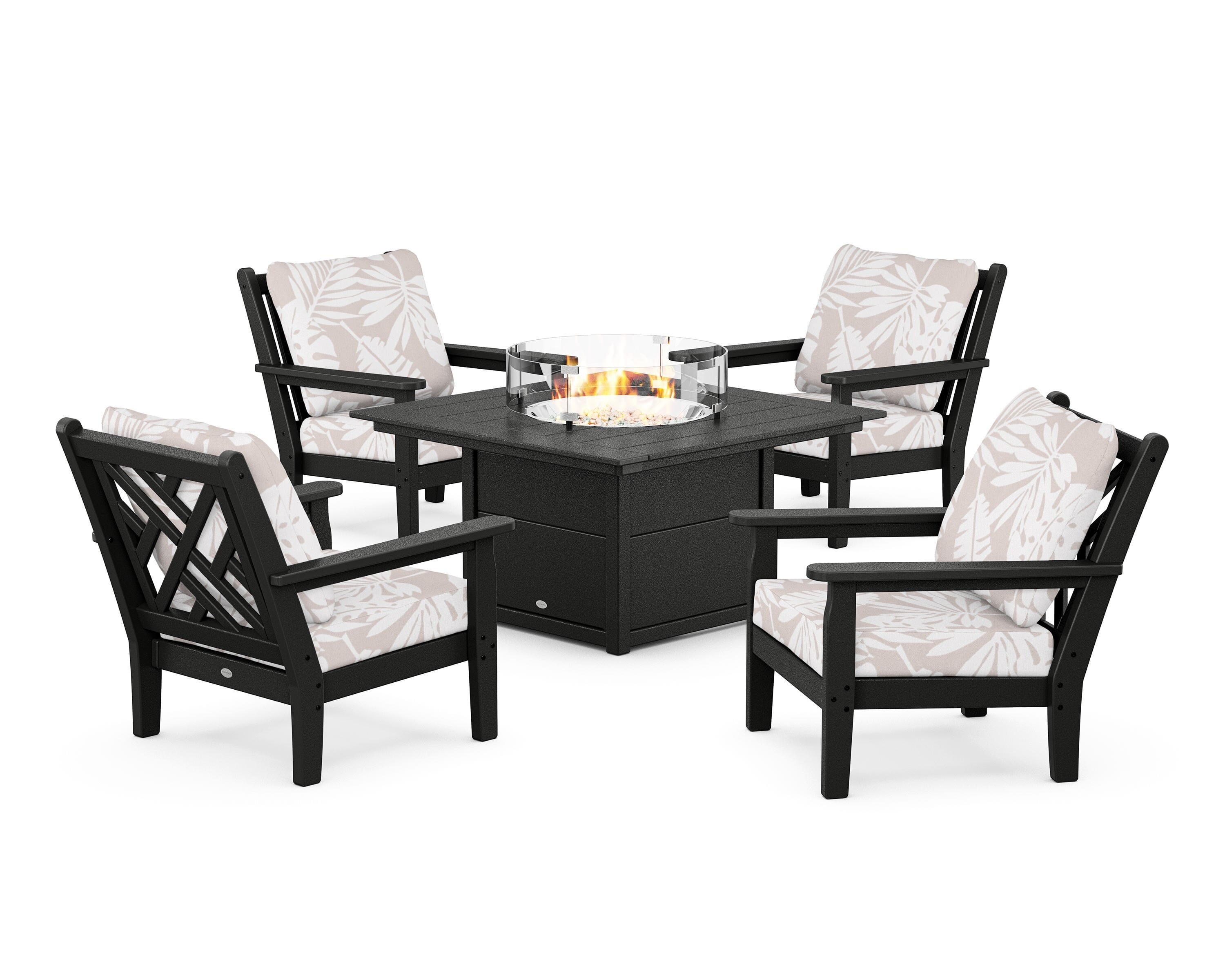 POLYWOOD® Chippendale 5-Piece Deep Seating Set with Fire Pit Table in Black / Leaf Dune Burlap