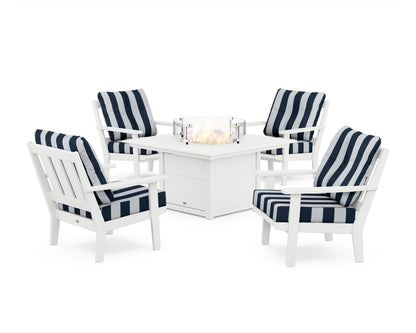 POLYWOOD® Oxford 5-Piece Deep Seating Set with Fire Pit Table in White / Cabana Stripe Marine Indigo