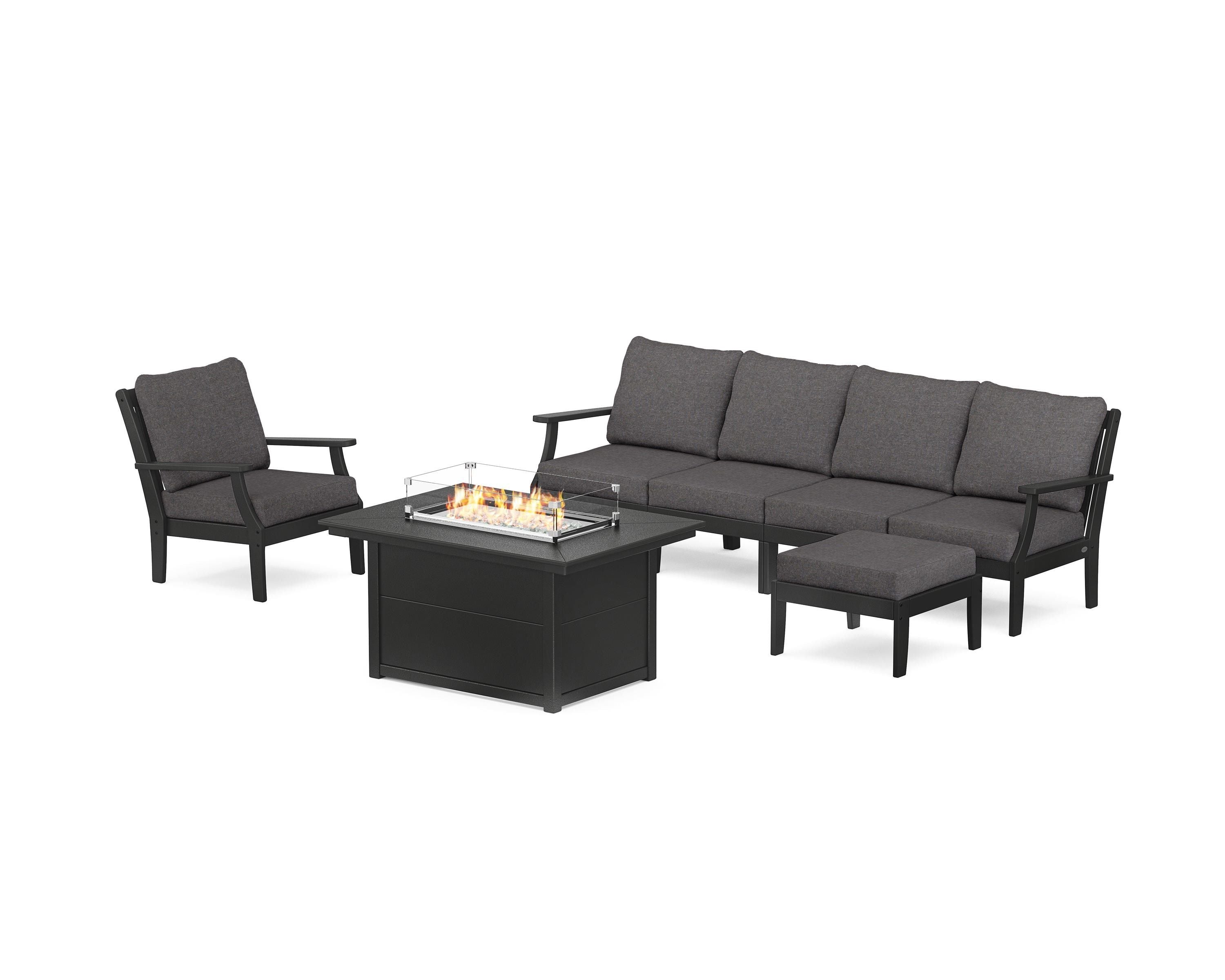 POLYWOOD® Braxton Sectional Lounge and Fire Pit Set in Black / Ash Charcoal