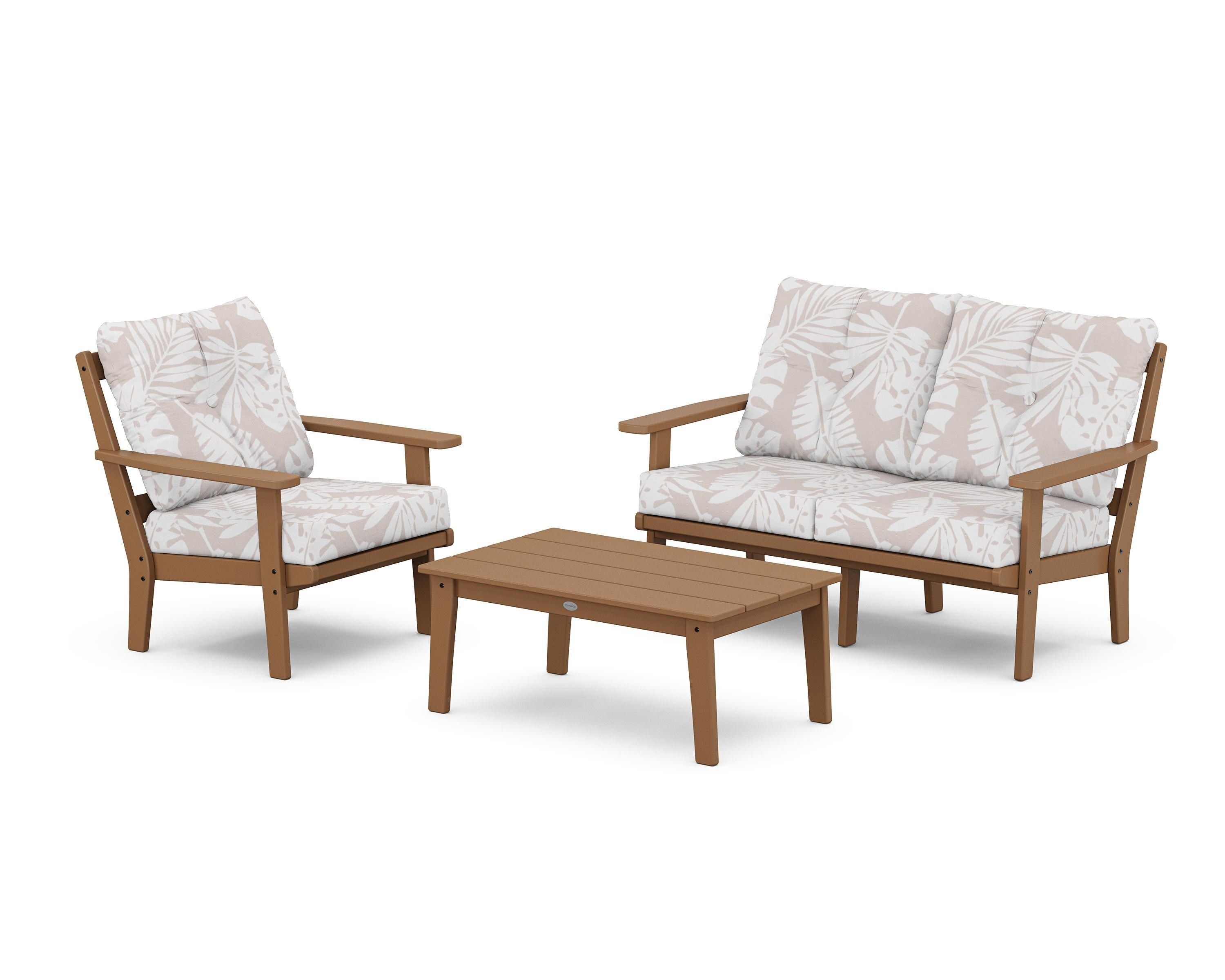 POLYWOOD® Prairie 3-Piece Deep Seating Set with Loveseat in Teak / Leaf Dune Burlap