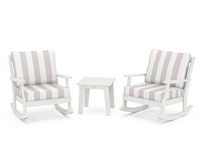 POLYWOOD® Braxton 3-Piece Deep Seating Rocker Set in White / Cabana Stripe Dune Burlap