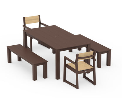 POLYWOOD® EDGE Sling Arm Chair 5-Piece Parsons Dining Set with Benches in Mahogany / Dupioni Apricot Sling