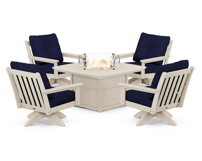 POLYWOOD® Vineyard 5-Piece Deep Seating Swivel Conversation Set with Fire Pit Table in Sand / Navy