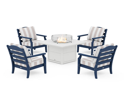 Draper James™ by  POLYWOOD® Savannah 5-Piece Deep Seating Set with Fire Pit Table in Navy / Cabana Stripe Dune Burlap