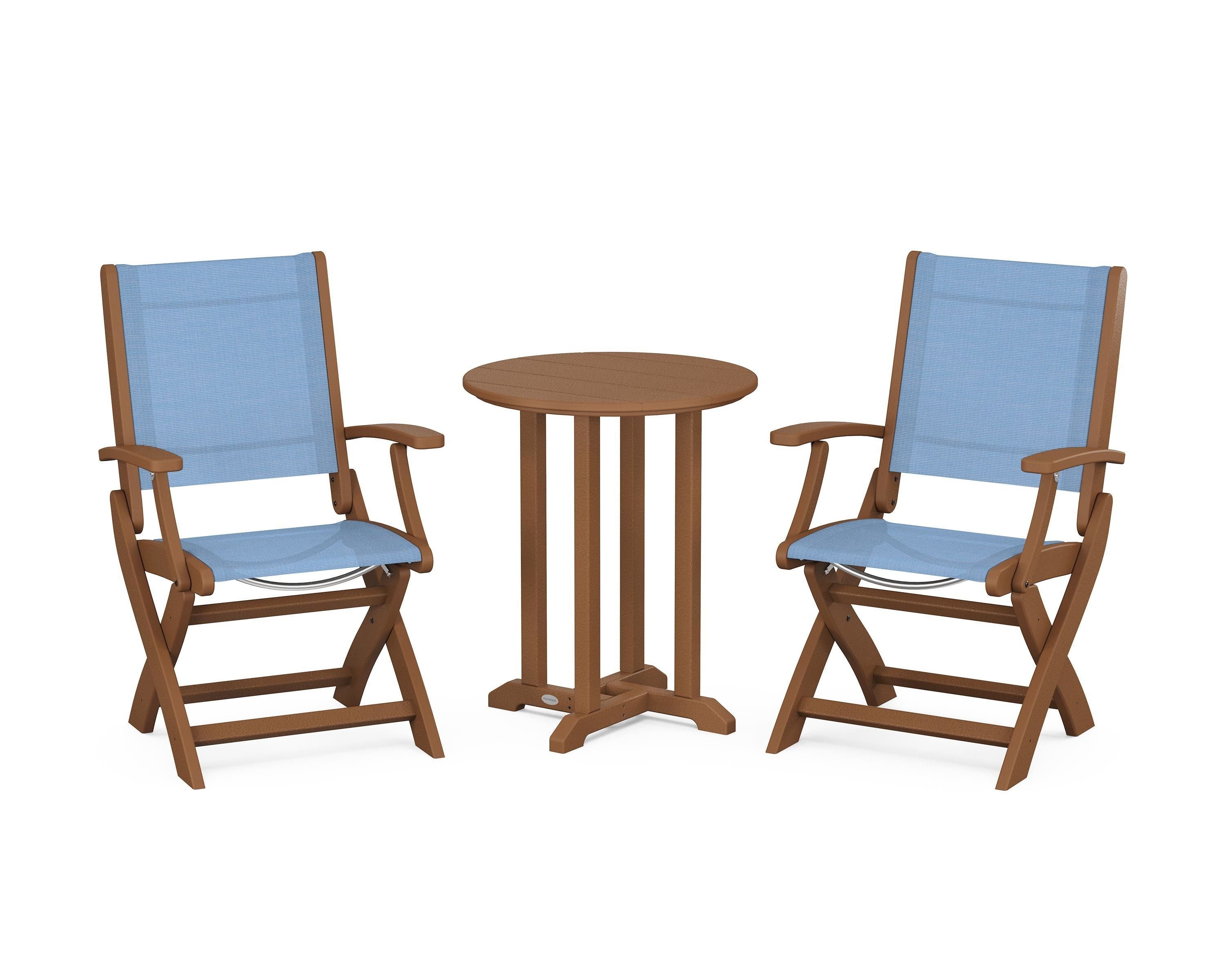 POLYWOOD® Coastal Folding 3-Piece Round Bistro Dining Set in Teak / Poolside Sling