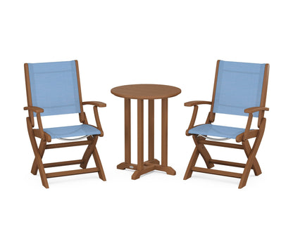 POLYWOOD® Coastal Folding 3-Piece Round Bistro Dining Set in Teak / Poolside Sling
