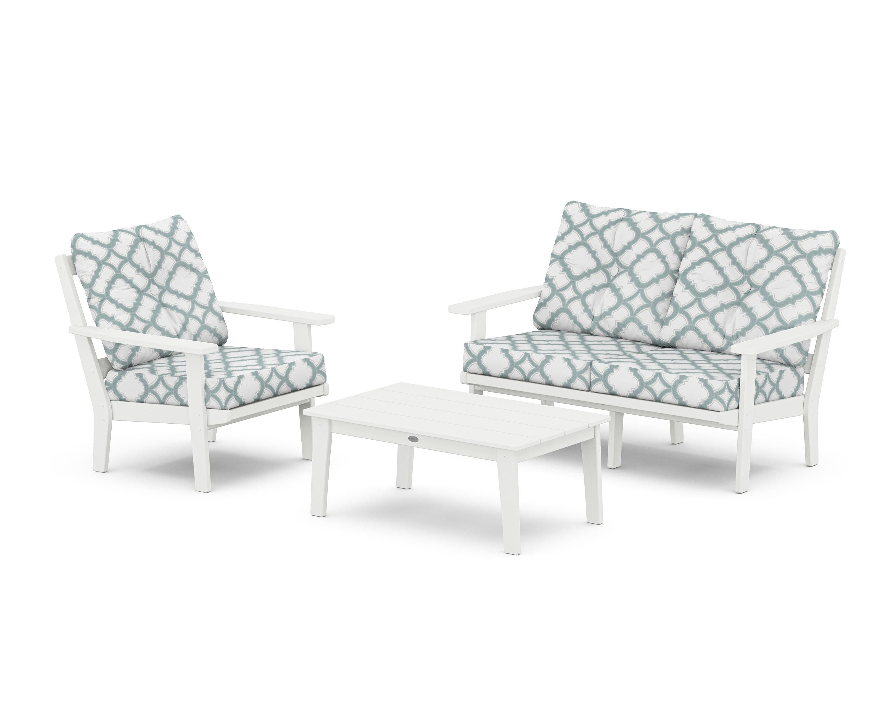 POLYWOOD® Oxford 3-Piece Deep Seating Set with Loveseat in White / Trellis Glacier Spa