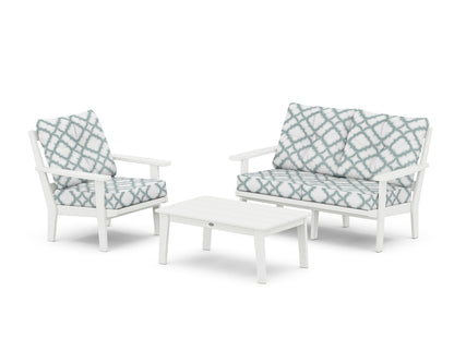 POLYWOOD® Oxford 3-Piece Deep Seating Set with Loveseat in White / Trellis Glacier Spa