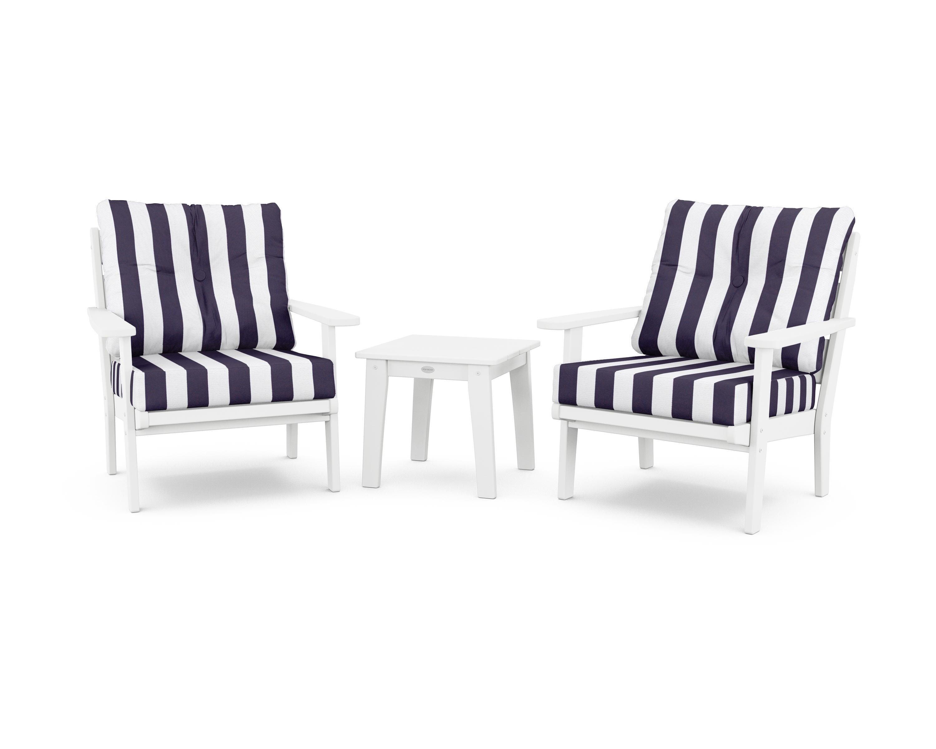 POLYWOOD® Lakeside 3-Piece Deep Seating Chair Set in White / Cabana Stripe Navy