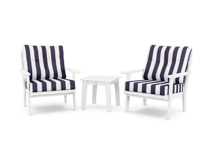 POLYWOOD® Lakeside 3-Piece Deep Seating Chair Set in White / Cabana Stripe Navy