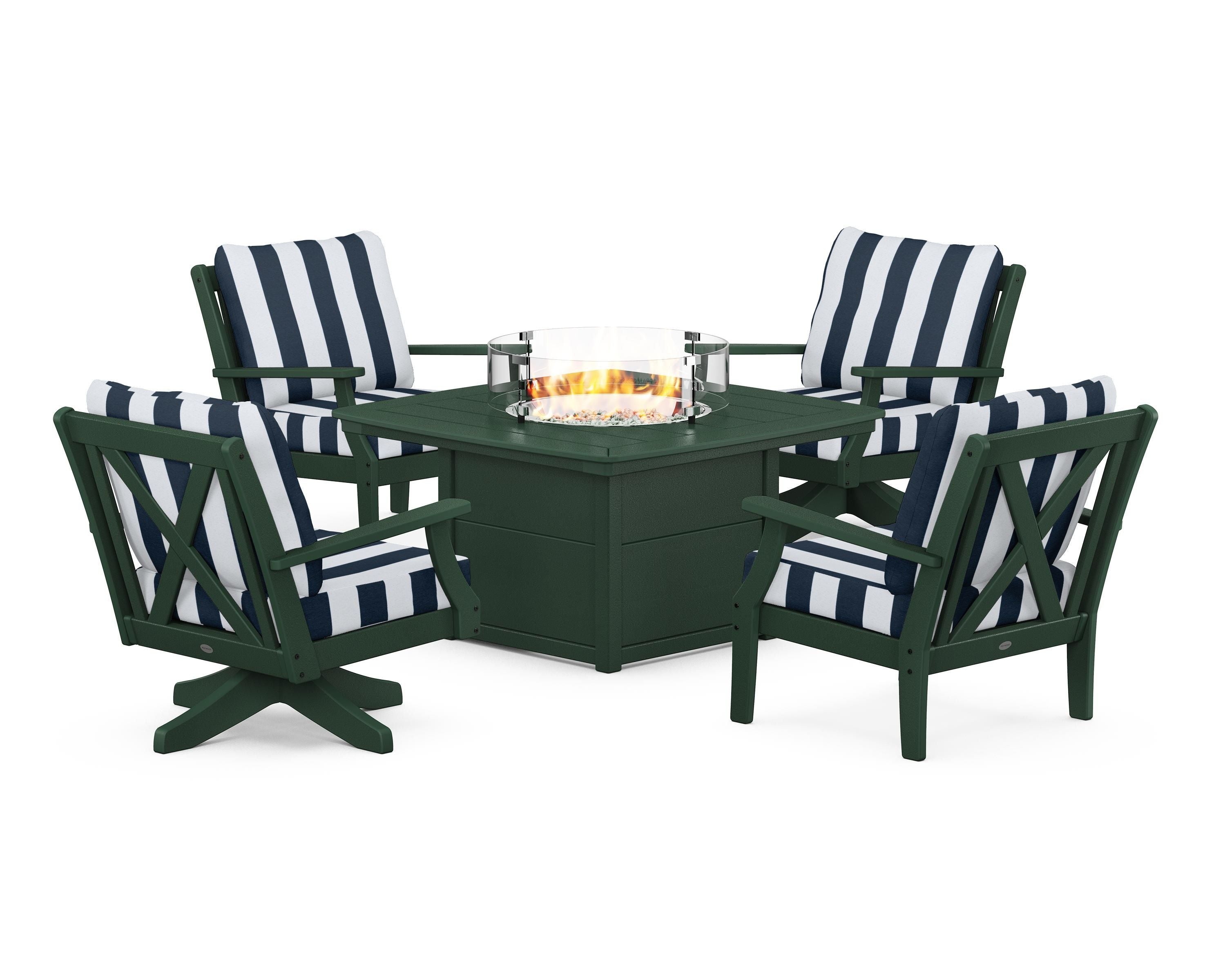 POLYWOOD® Braxton 5-Piece Deep Seating Set with Fire Table in Green / Cabana Stripe Marine Indigo
