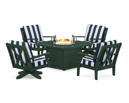 POLYWOOD® Braxton 5-Piece Deep Seating Set with Fire Table in Green / Cabana Stripe Marine Indigo
