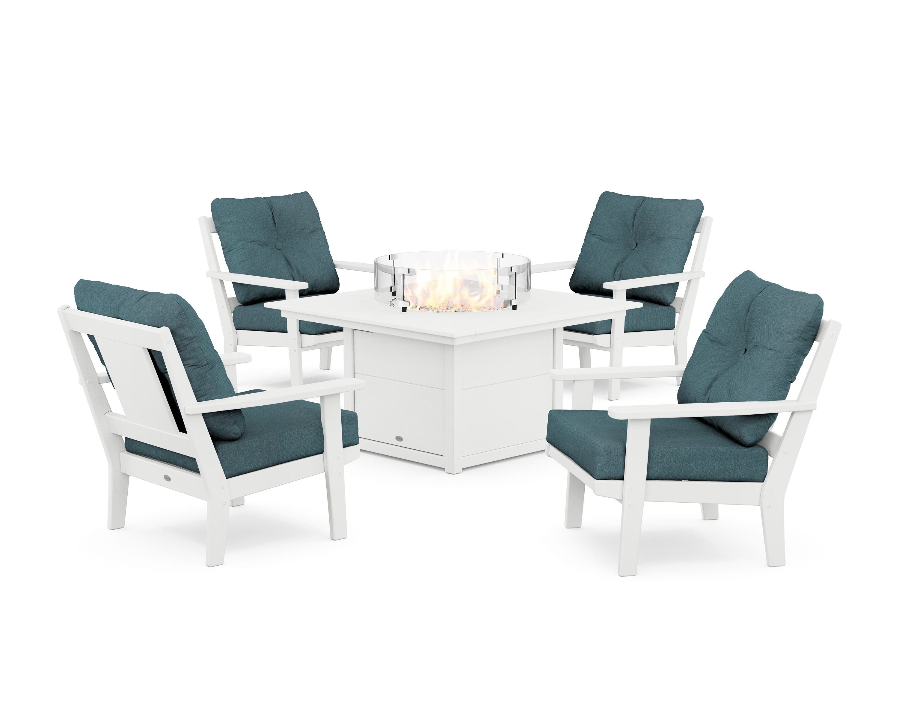 POLYWOOD® Prairie 5-Piece Deep Seating Set with Fire Pit Table in White / Ocean Teal