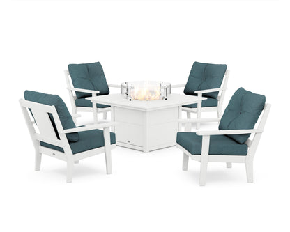 POLYWOOD® Prairie 5-Piece Deep Seating Set with Fire Pit Table in White / Ocean Teal