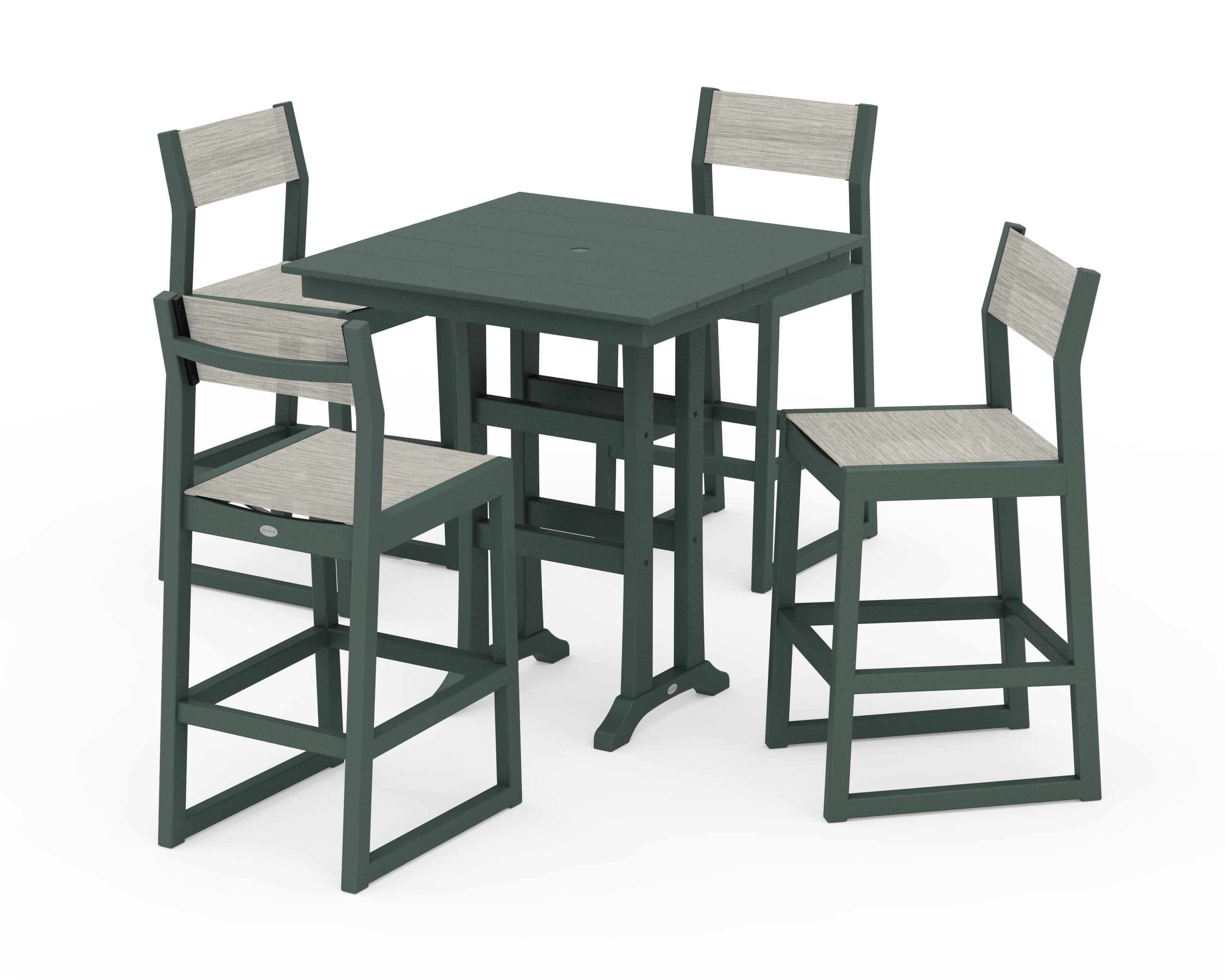 POLYWOOD® EDGE Sling Arm Chair 5-Piece Farmhouse Bar Set with Trestle Legs in Green / Birch Sling