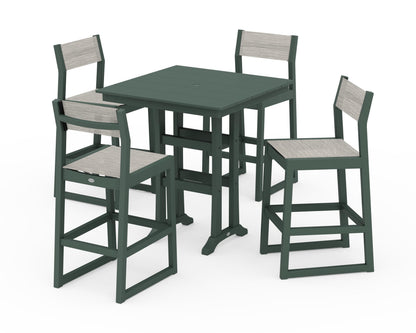 POLYWOOD® EDGE Sling Arm Chair 5-Piece Farmhouse Bar Set with Trestle Legs in Green / Birch Sling