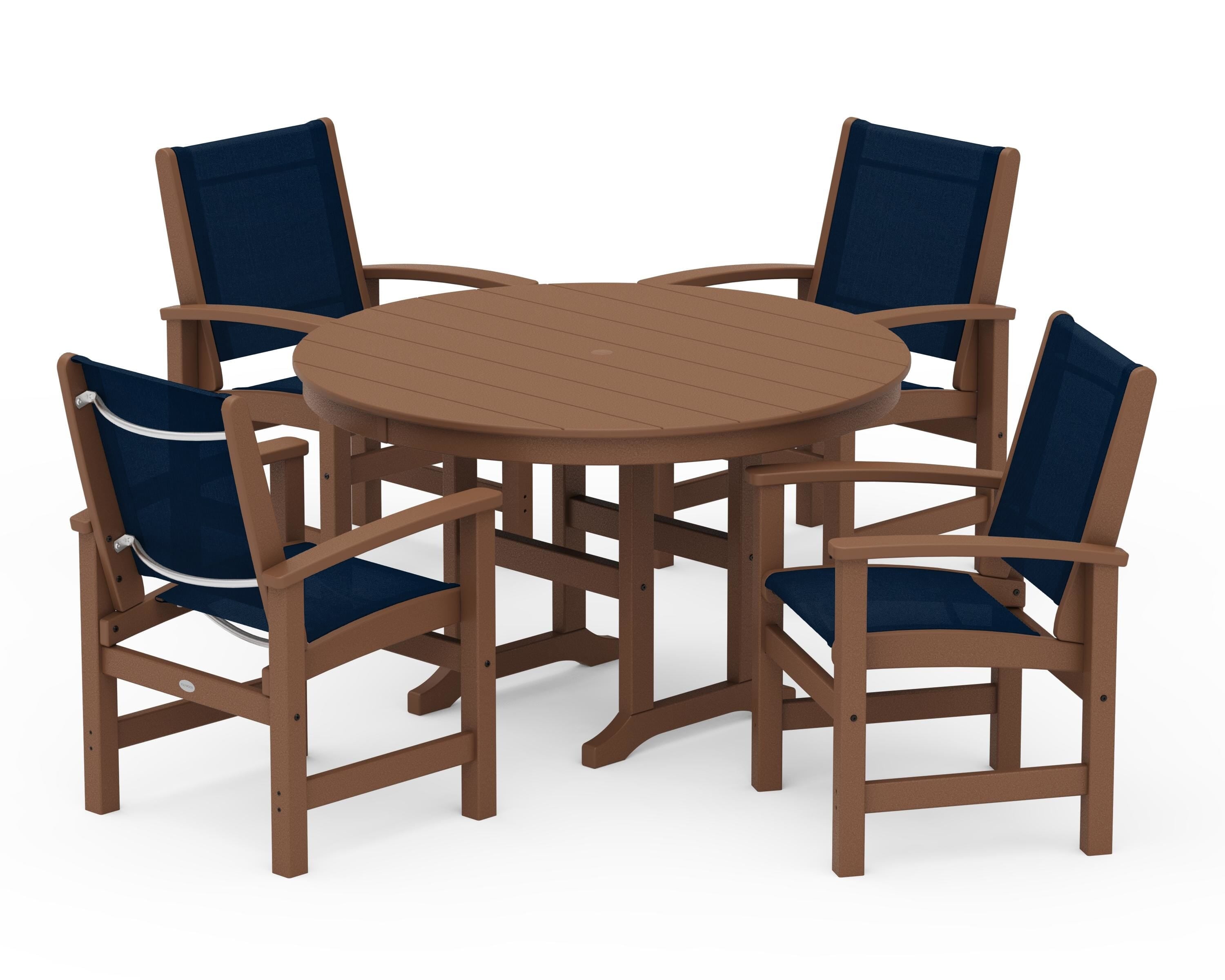 POLYWOOD® Coastal 5-Piece Round Farmhouse Dining Set in Teak / Navy Blue Sling