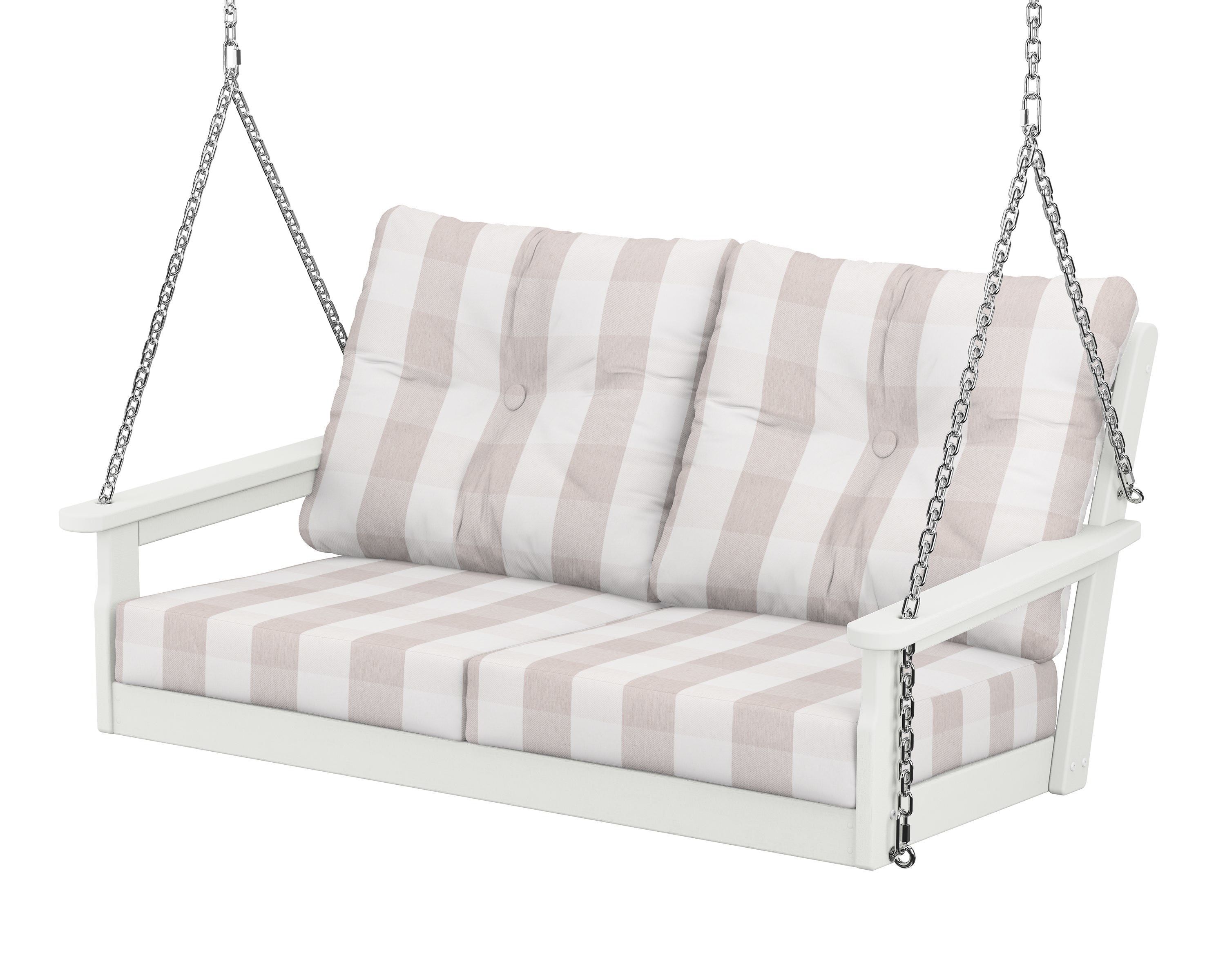 POLYWOOD® Vineyard Deep Seating Swing in Vintage White / Buffalo Plaid Dune Burlap