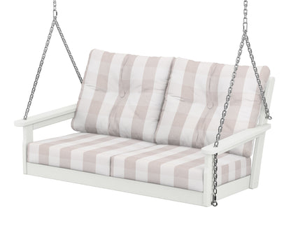 POLYWOOD® Vineyard Deep Seating Swing in Vintage White / Buffalo Plaid Dune Burlap