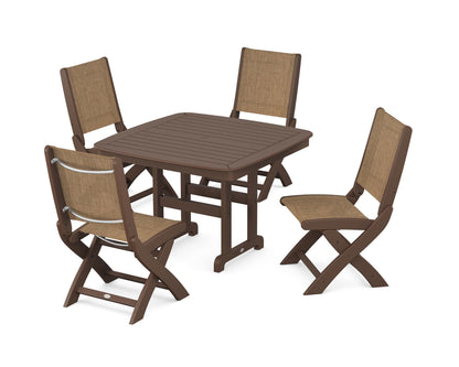 POLYWOOD® Coastal Folding Side Chair 5-Piece Dining Set in Mahogany / Burlap Sling