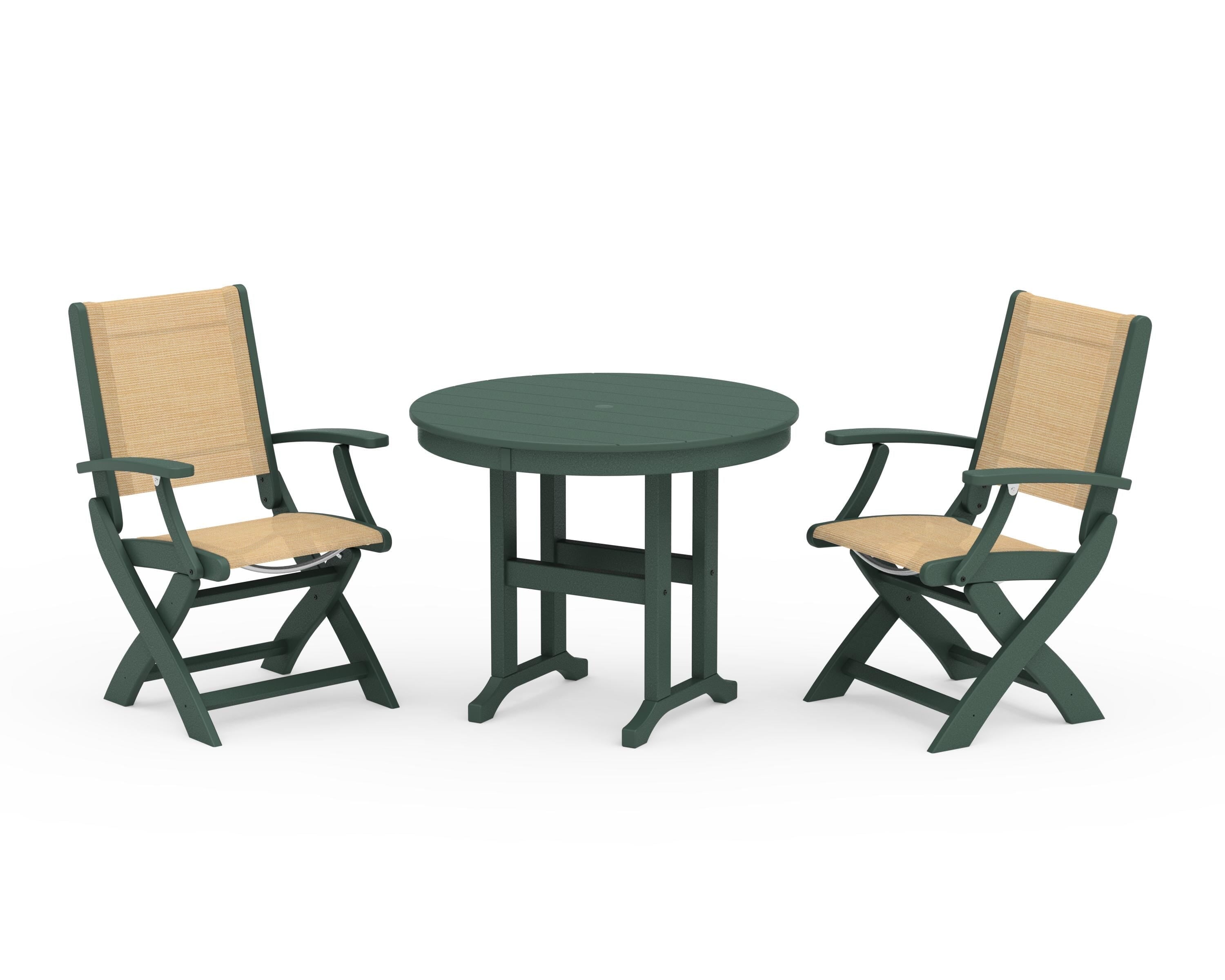 POLYWOOD® Coastal Folding Chair 3-Piece Round Dining Set in Green / Dupioni Apricot Sling