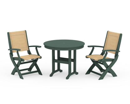 POLYWOOD® Coastal Folding Chair 3-Piece Round Dining Set in Green / Dupioni Apricot Sling