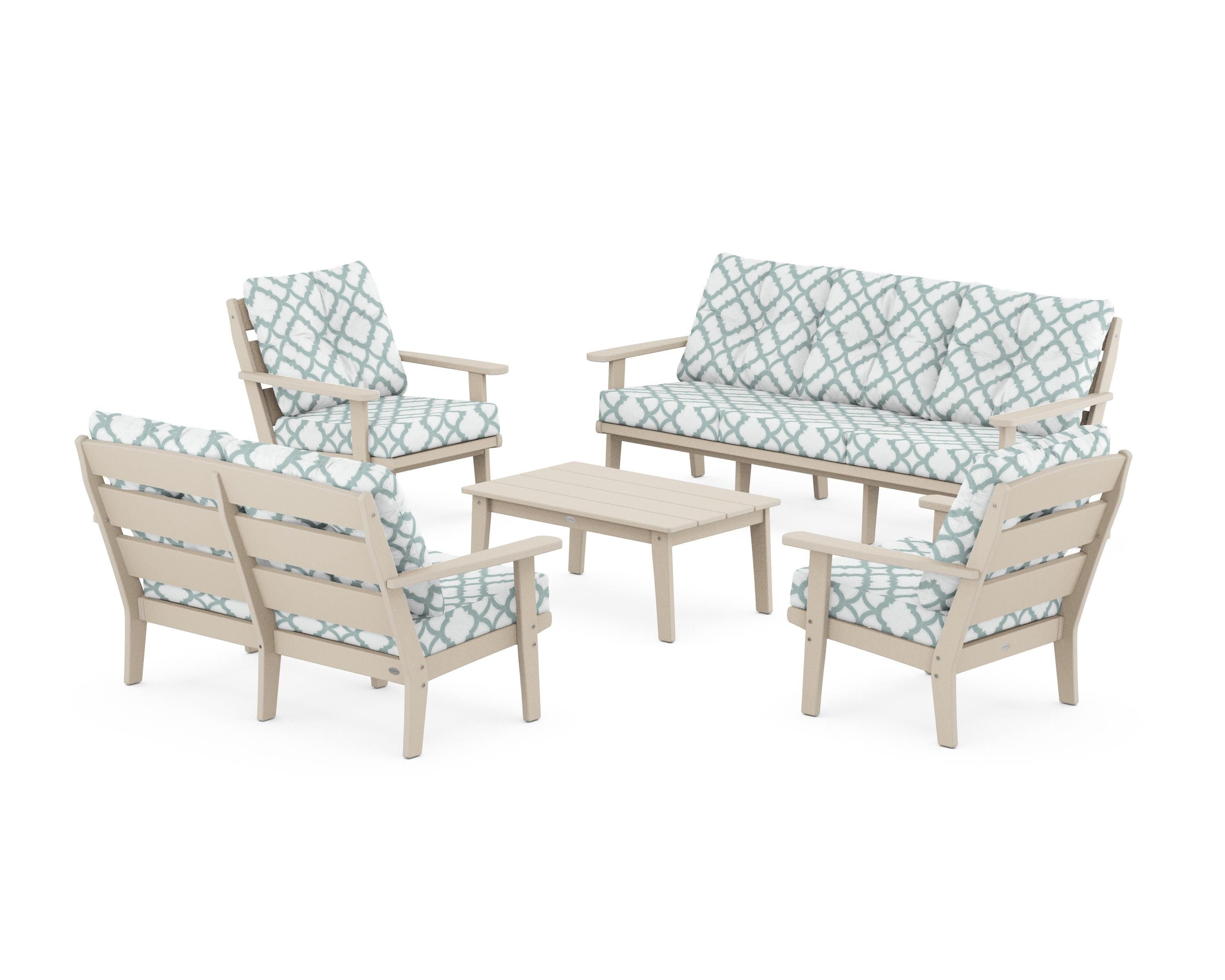 POLYWOOD® Lakeside 5-Piece Lounge Sofa Set in Sand / Trellis Glacier Spa