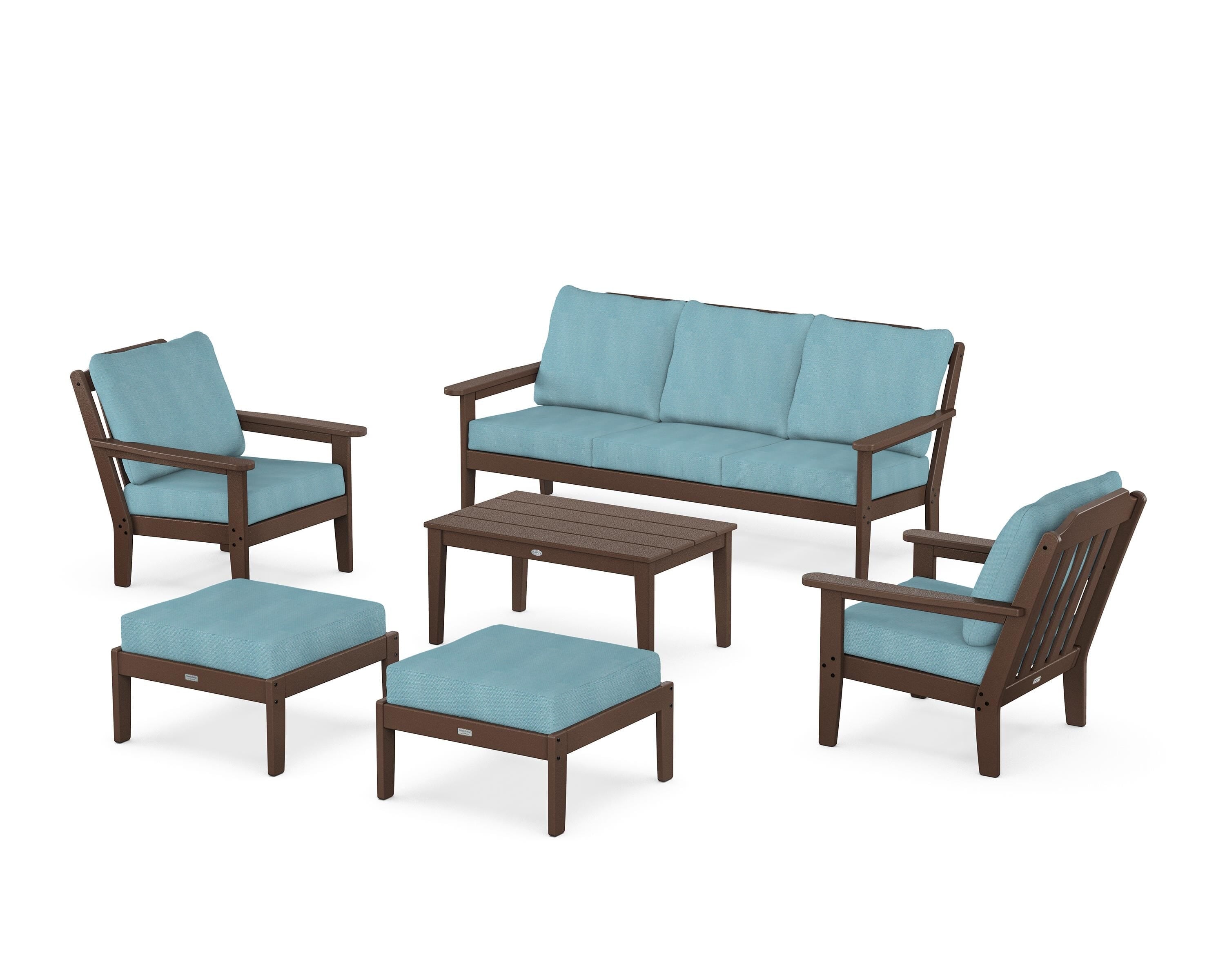 Country Living Cottage 6-Piece Lounge Sofa Set in Mahogany / Lattice Sky Blue