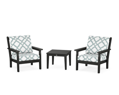 POLYWOOD® Chippendale 3-Piece Deep Seating Set in Black / Trellis Glacier Spa