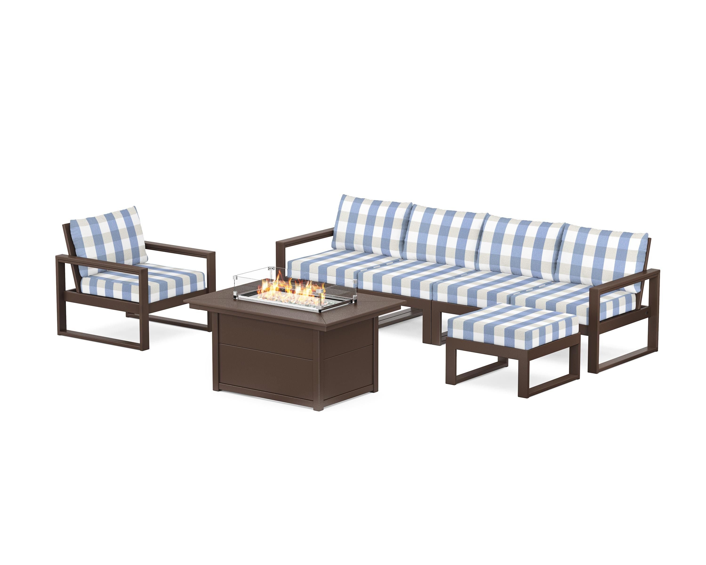 POLYWOOD® EDGE Sectional Lounge and Fire Pit Set in Mahogany / Buffalo Plaid Sky Blue