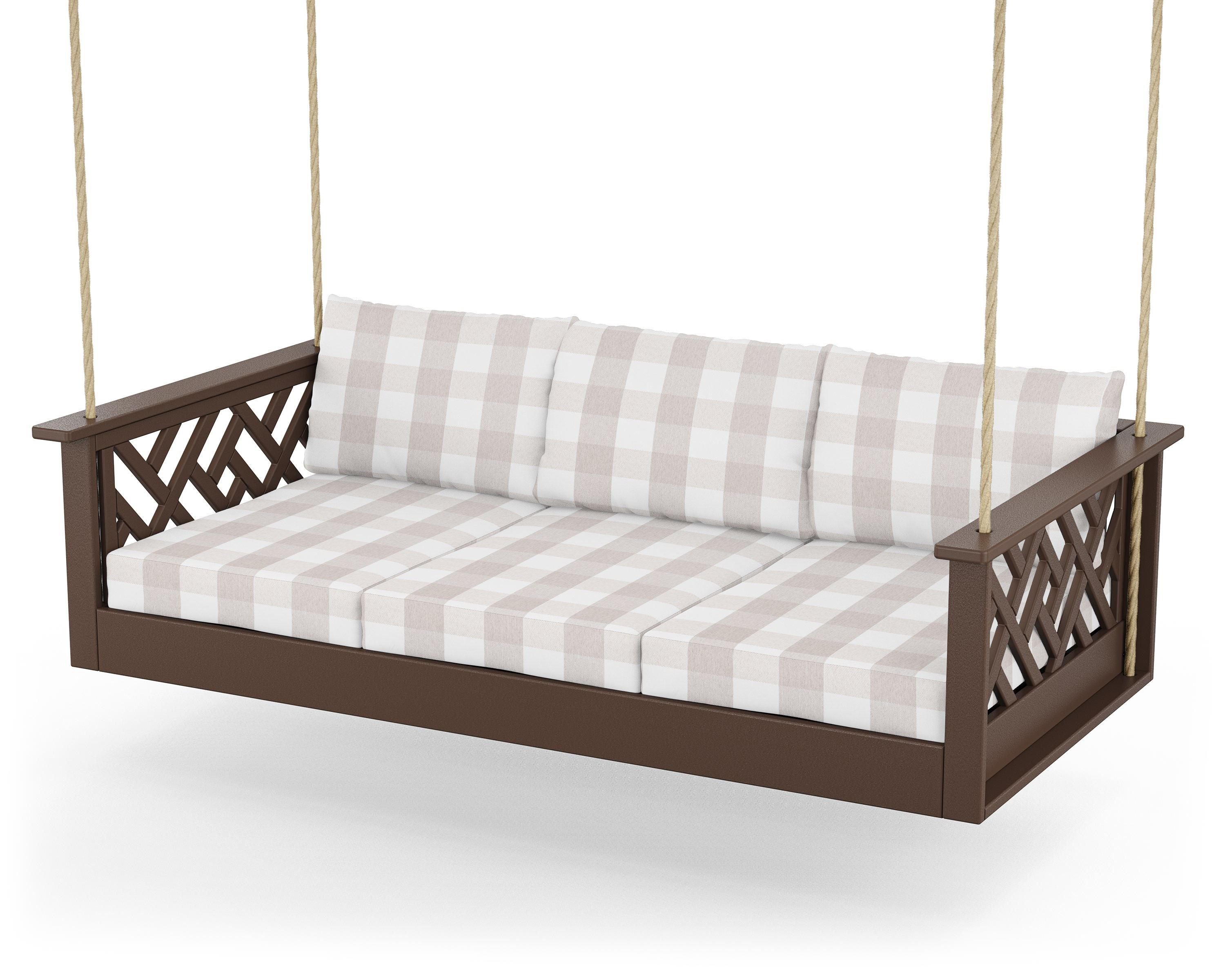 POLYWOOD® Chippendale Daybed Swing in Mahogany / Buffalo Plaid Dune Burlap