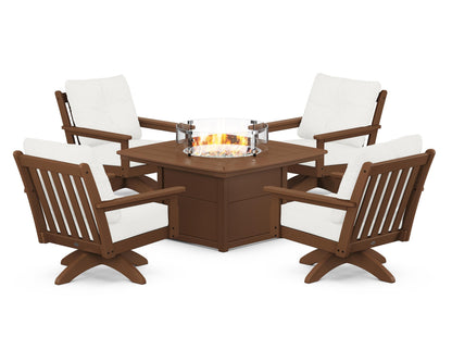 POLYWOOD® Vineyard 5-Piece Deep Seating Swivel Conversation Set with Fire Pit Table in Teak / Natural Linen