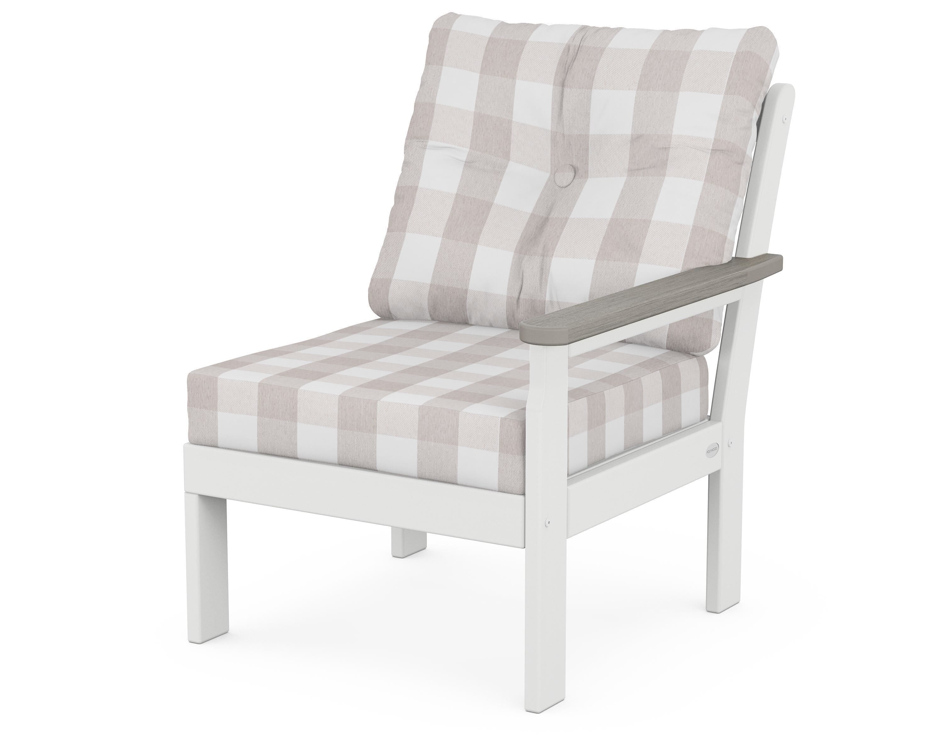 POLYWOOD® Vineyard Modular Right Arm Chair in White / Driftwood / Buffalo Plaid Dune Burlap