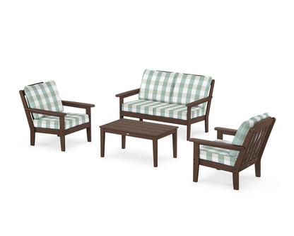 Country Living Cottage 4-Piece Deep Seating Set with Loveseat in Mahogany / Buffalo Plaid Glacier Spa