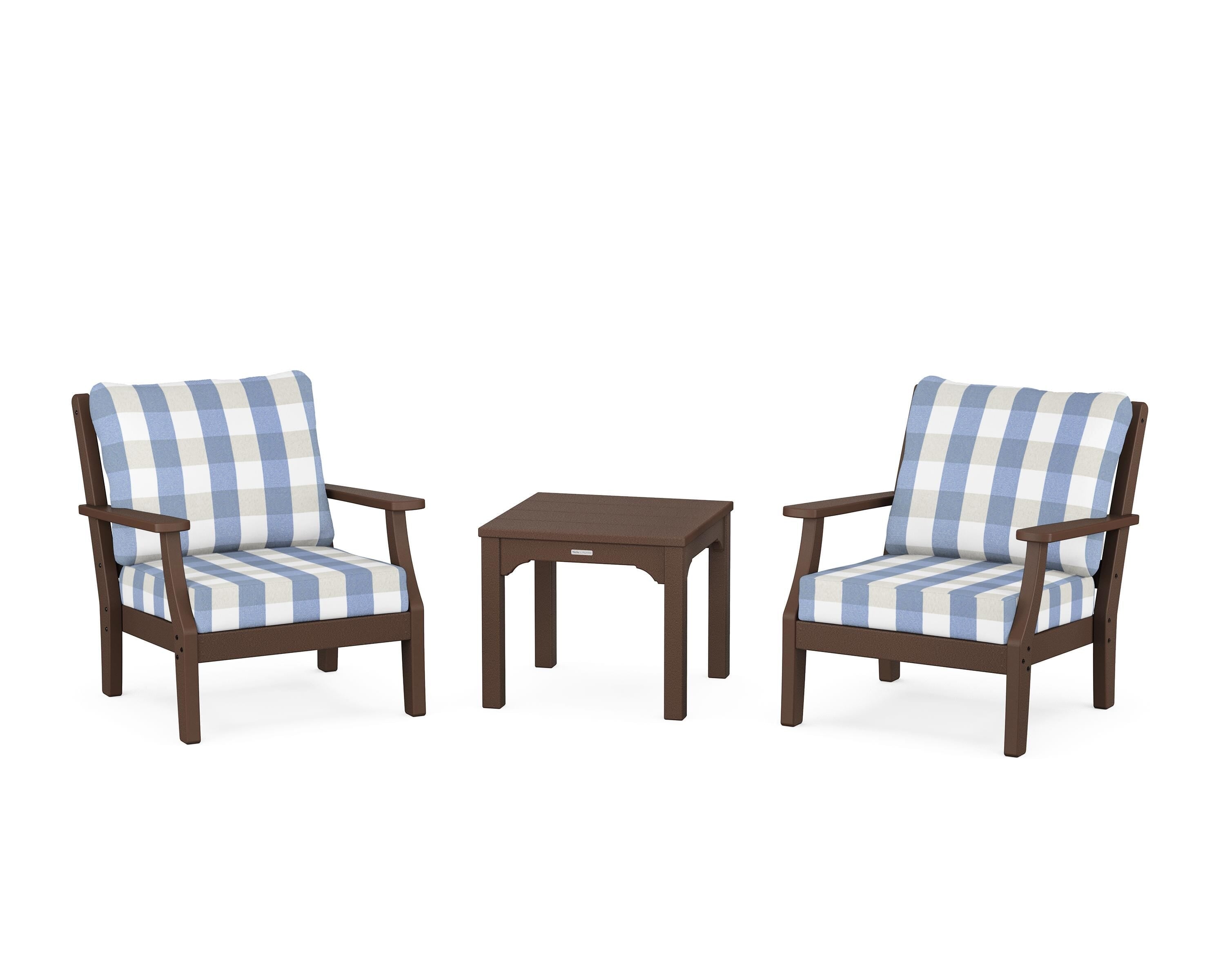 Martha Stewart by POLYWOOD® Chinoiserie 3-Piece Deep Seating Set in Mahogany / Buffalo Plaid Sky Blue