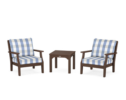 Martha Stewart by POLYWOOD® Chinoiserie 3-Piece Deep Seating Set in Mahogany / Buffalo Plaid Sky Blue