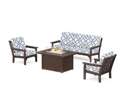 POLYWOOD® Vineyard Deep Seating Fire Pit Table Set in Mahogany / Trellis Sky Blue