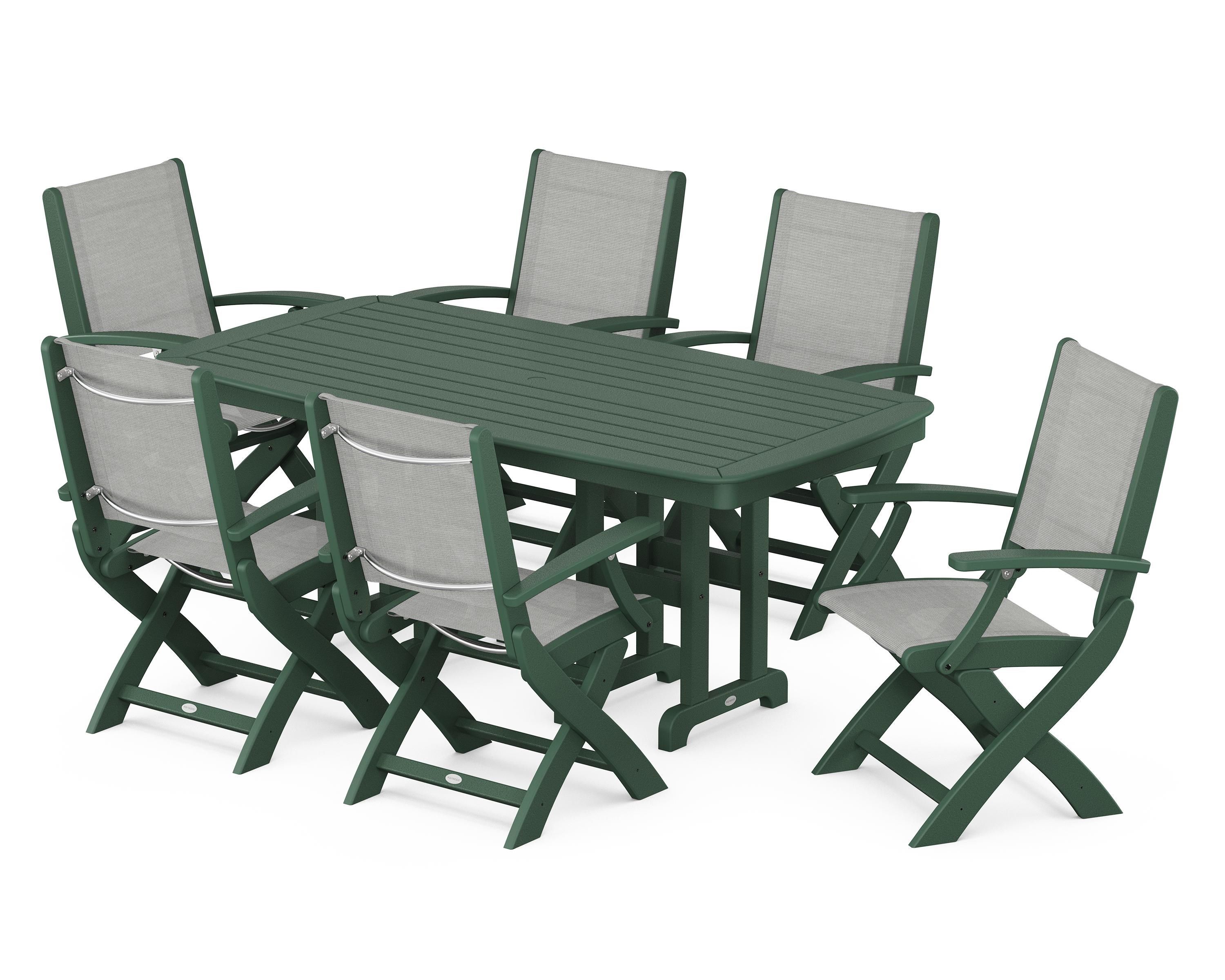 POLYWOOD® Coastal Folding Arm Chair 7-Piece Dining Set in Green / Metallic Sling