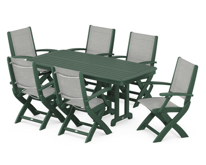 POLYWOOD® Coastal Folding Arm Chair 7-Piece Dining Set in Green / Metallic Sling