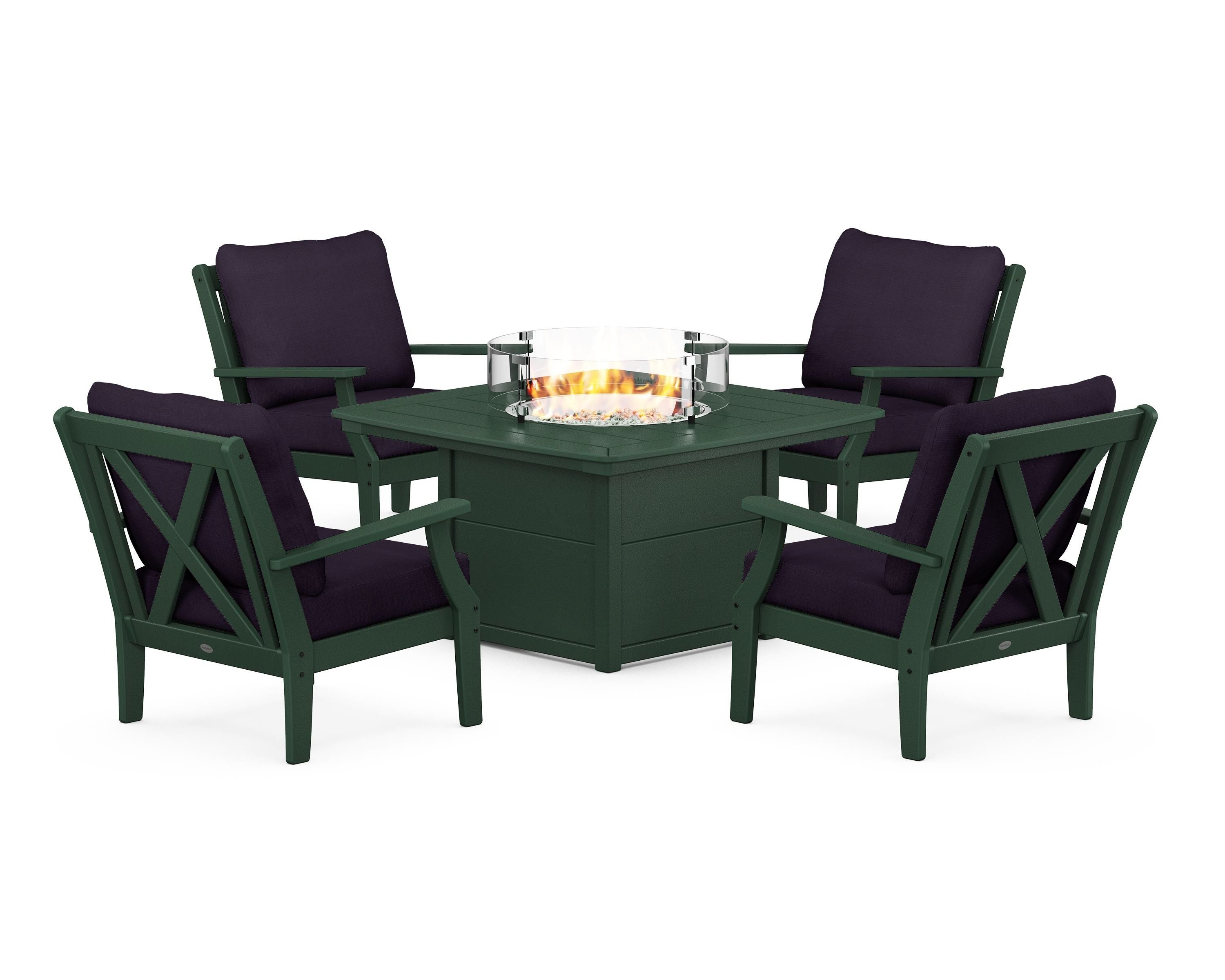 POLYWOOD® Braxton 5-Piece Deep Seating Conversation Set with Fire Pit Table in Green / Navy Linen
