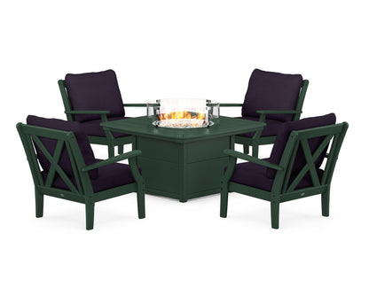 POLYWOOD® Braxton 5-Piece Deep Seating Conversation Set with Fire Pit Table in Green / Navy Linen